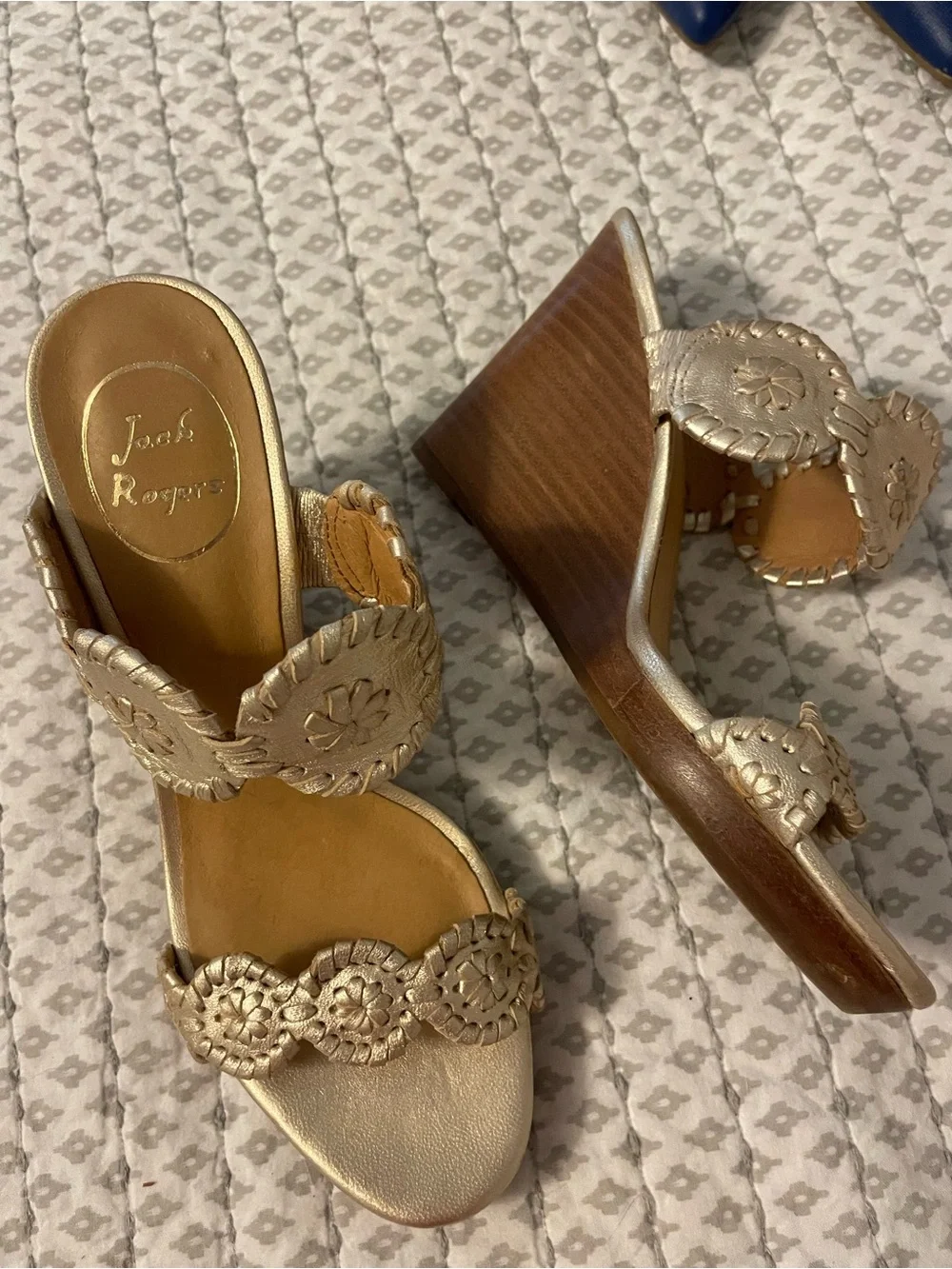 Jack Rogers Metallic Gold Leather Wedge Sandals